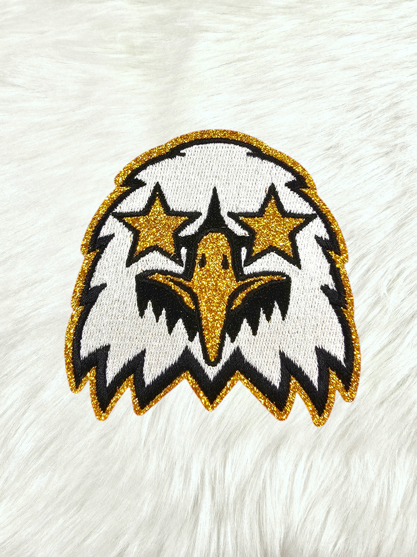 Small Black White Eagle Gold Glitter Mascot with Star Eyes Embroidery Iron On Patch