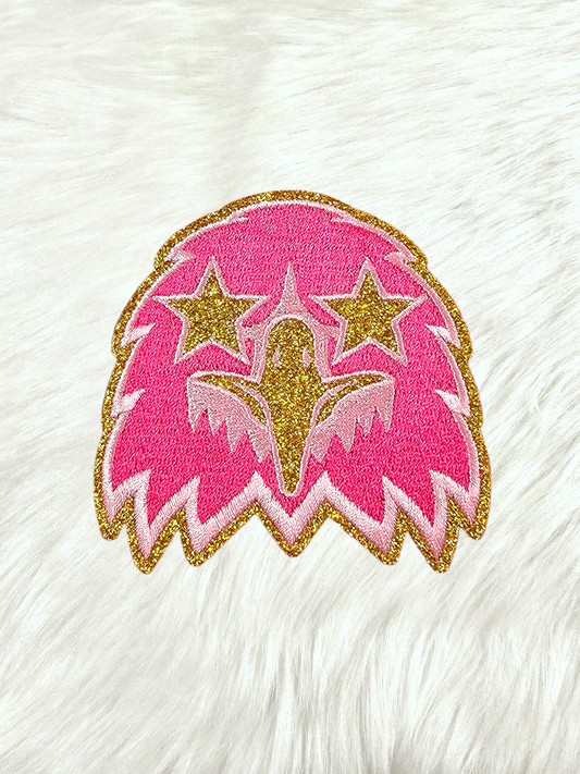 Small Hot Pink Eagle Gold Glitter Mascot with Star Eyes Embroidery Iron On Patch