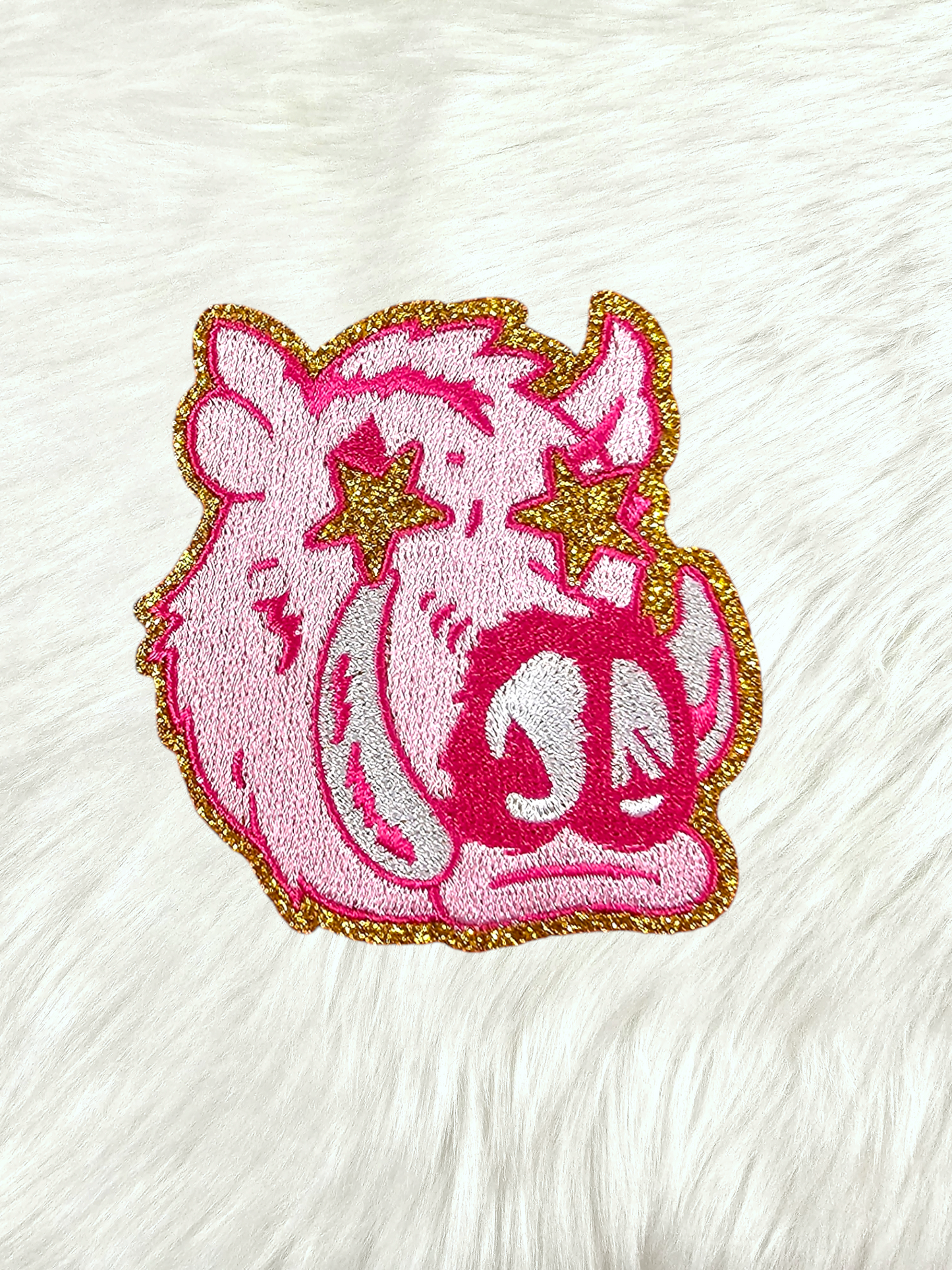 Small Razorback Hawg Gold Glitter Mascot with Star Eyes Embroidery Iron On Patch