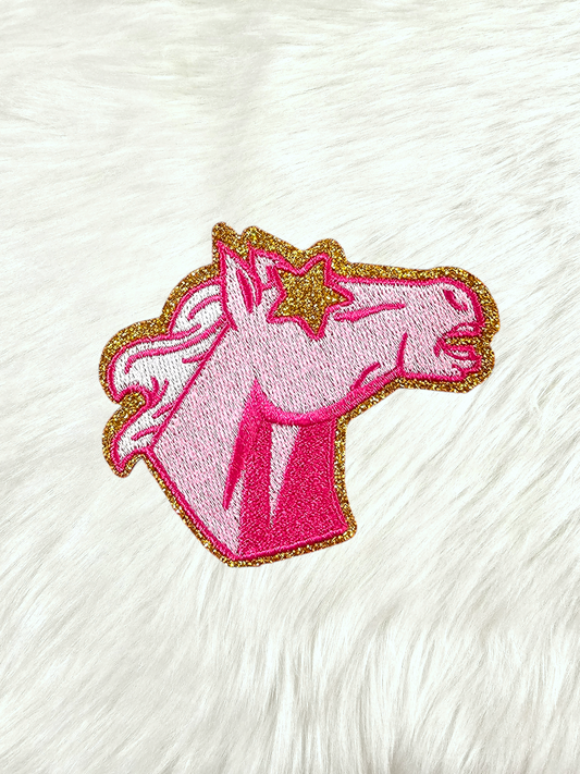 Small Hot Pink Mustang Horse Bronc Mascot with Star Eyes Chenille Iron-on Patch