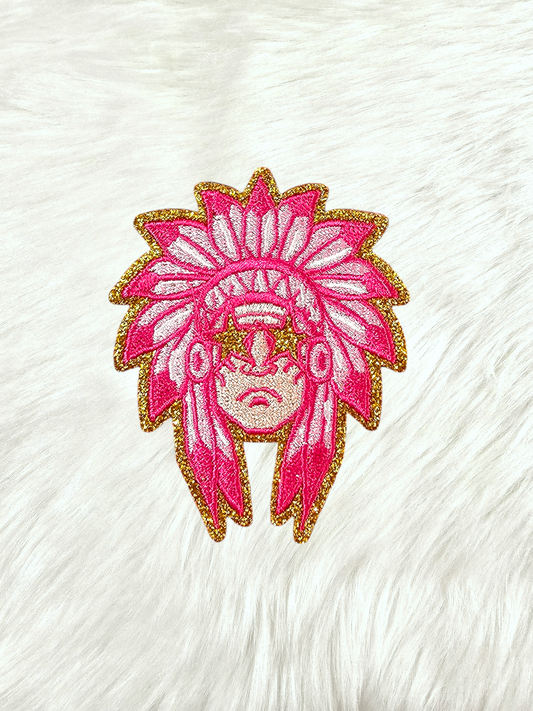 Small Hot Pink Indian Chief Gold Glitter Mascot with Star Eyes Embroidery Iron On Patch