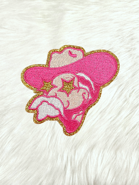 Small Hot Pink Rebel Colonel Cowboy Mascot with Star Eyes Chenille Iron-on Patch