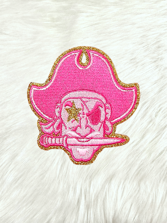 Small Hot Pink Pirate Marauder Gold Glitter Mascot with Star Eyes Embroidery Iron On Patch