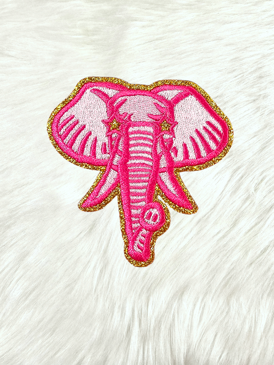 Small Hot Pink Elephant Gold Glitter Mascot with Star Eyes Embroidery Iron On Patch