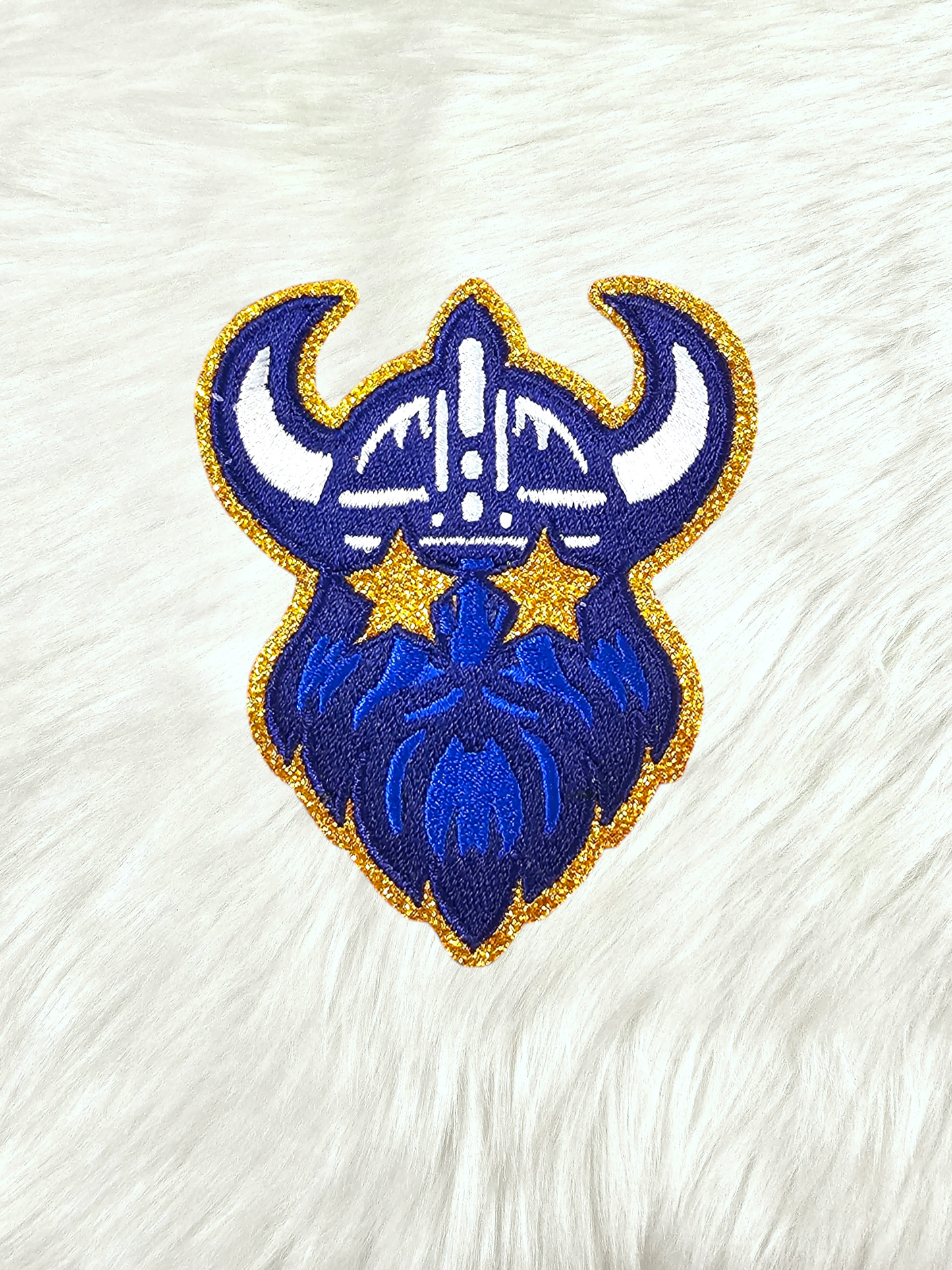 Small Blue Viking Gold Glitter Mascot with Star Eyes Embroidery Iron On Patch