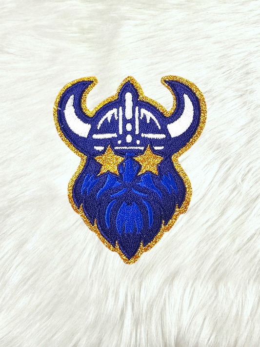 Small Blue Viking Gold Glitter Mascot with Star Eyes Embroidery Iron On Patch