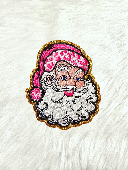 Small Hot Pink Santa with Boujee Cheetah Hat Large Chenille Iron-on Patch