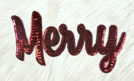 Merry Red Sequin on White Glitter Iron-on Patch