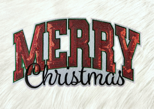 Merry Christmas Red Sequin on White Felt Iron-on Patch