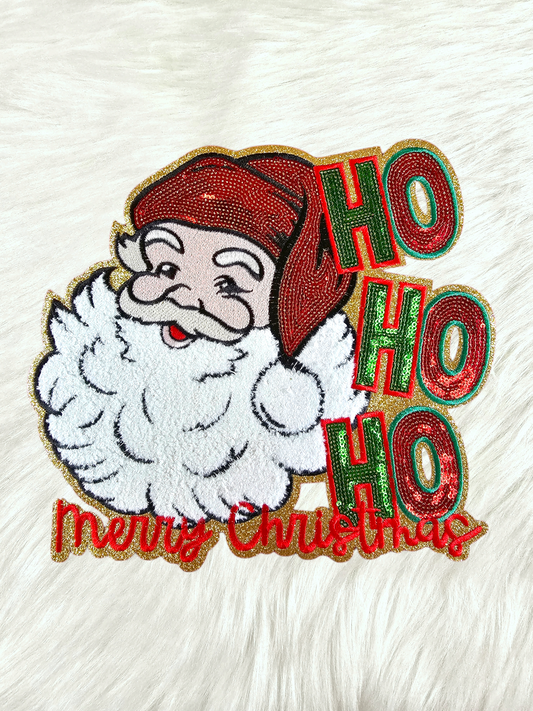 HO HO HO Santa Large Sequin and Chenille Gold Glitter Iron-on Patch