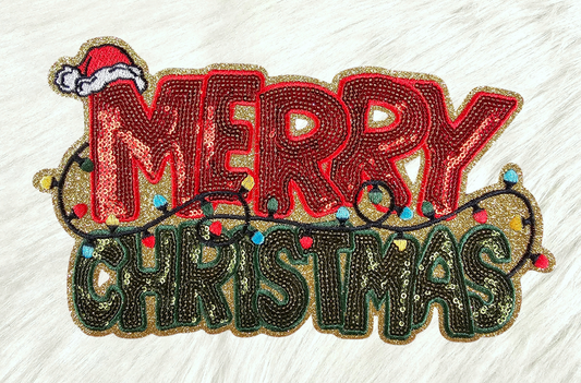 Merry Christmas Lights Red Sequin on Gold Glitter Iron-on Patch