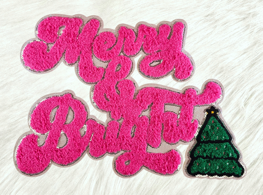 Hot Pink Merry Bright Christmas Tree on White Glitter Iron-on Patch