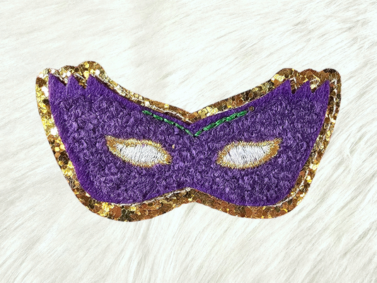 Purple Mardi Gras Mask Chenille Gold Glitter Iron On Patch