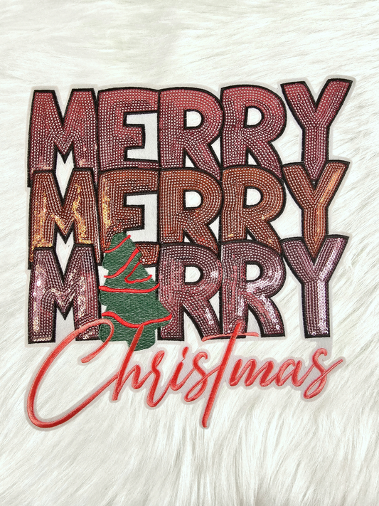 Merry Merry Merry Christmas Sequin on White Felt Iron-on Patch