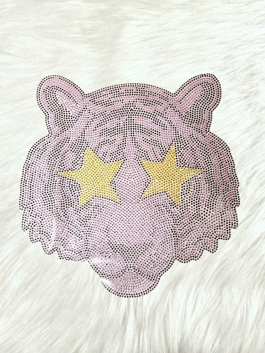 Purple Spangle Rhinestone Tiger Mascot Iron on HotFix