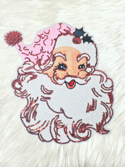 Pink Hat Retro Santa Large Sequin Iron-on Patch