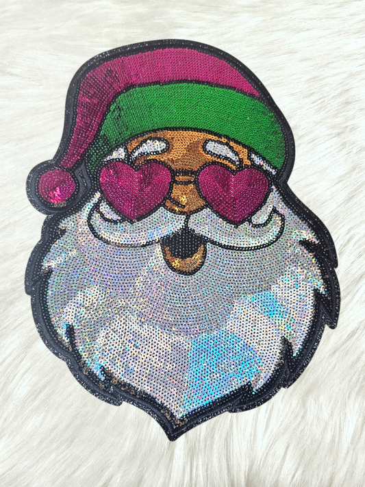 Hot Pink Hat Santa Sunglasses Large Full Sequin Iron-on Patch