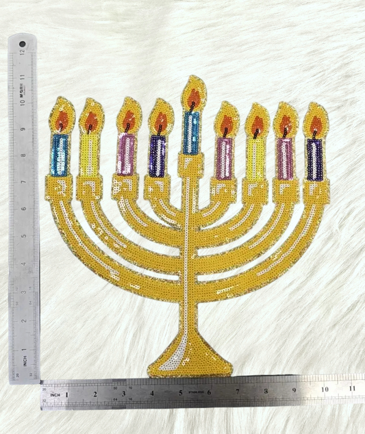 PRE ORDER Gold Menorah Hanukkah Full Sequin Glitter Iron-on Patch