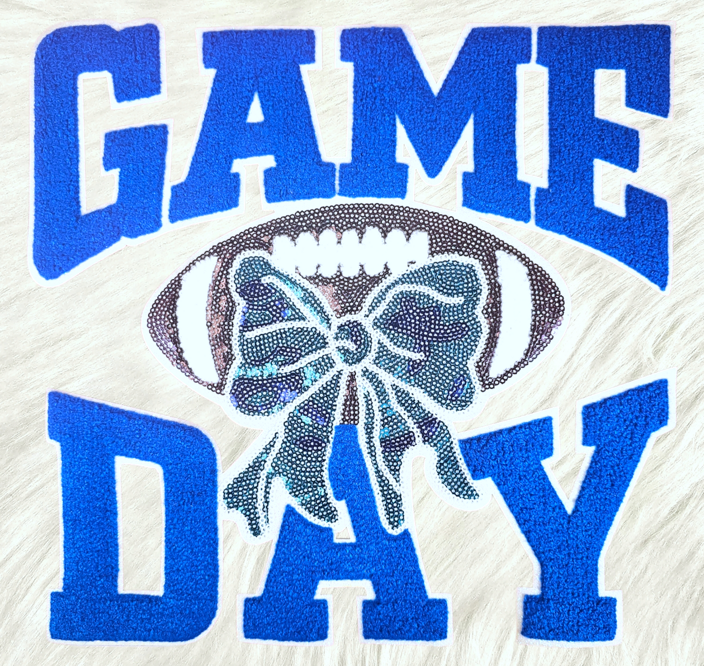 Game Day Blue Chenille Sequin Football Iron-on Patch