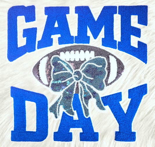 Game Day Blue Chenille Sequin Football Iron-on Patch