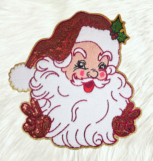 Peace Retro Santa Sequin on Gold Glitter Large Iron On Patch