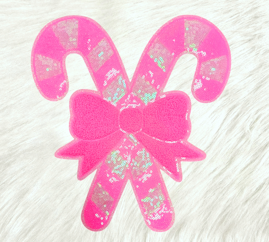 Pink Candy Cane Sequin Chenille Bow Pink Glitter Iron On Patch