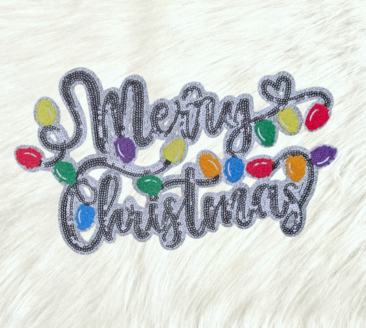 Merry Christmas Lights Black Sequin on Silver Glitter Iron-on Patch