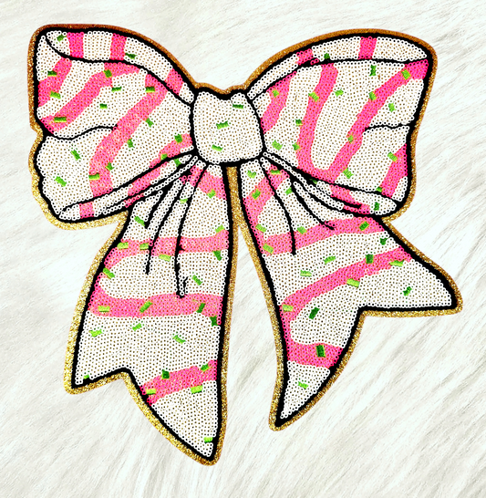 Little Deb Pink Christmas Bow Sequin Iron Patch with Gold Glitter