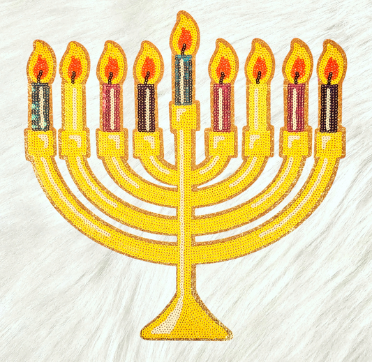 Gold Menorah Hanukkah Candles Full Sequin Glitter Iron-on Patch