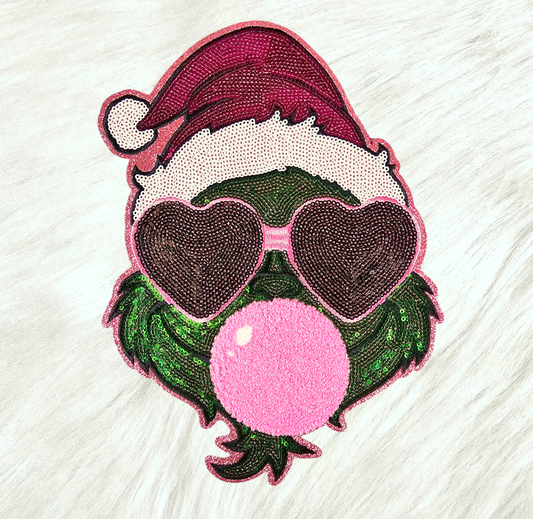 Mean Green Grinchy Bubble Heart Glasses Pink Large Sequin Glitter Iron-on Patch