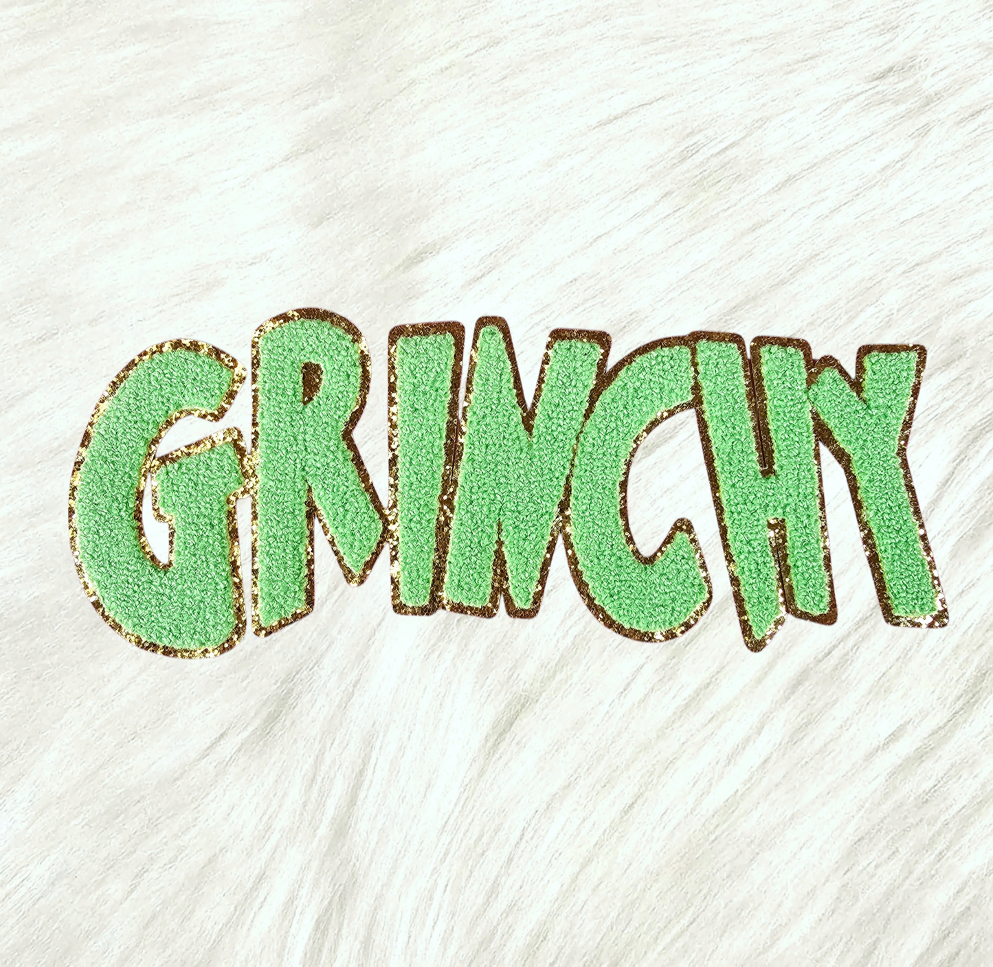 Grinchy Word Chenille Gold Glitter Iron-on Patch