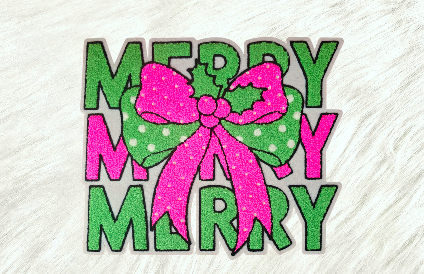 Merry Merry Merry Pink Bow Chenille Felt Iron-on Patch