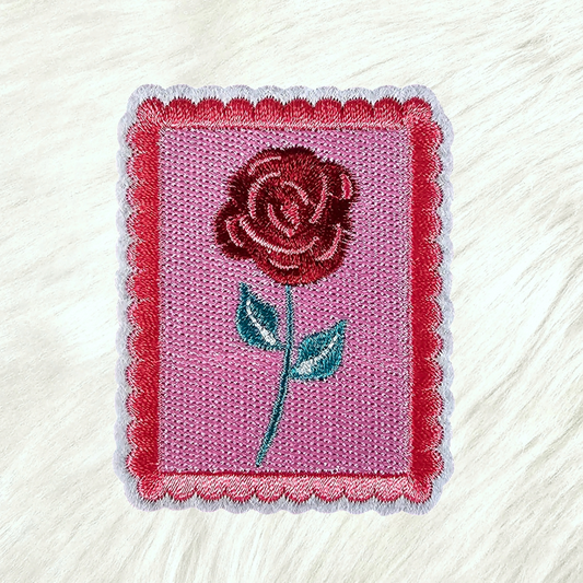 Red Rose Pink Flower Stamp Vintage Embroidery Iron On Patch