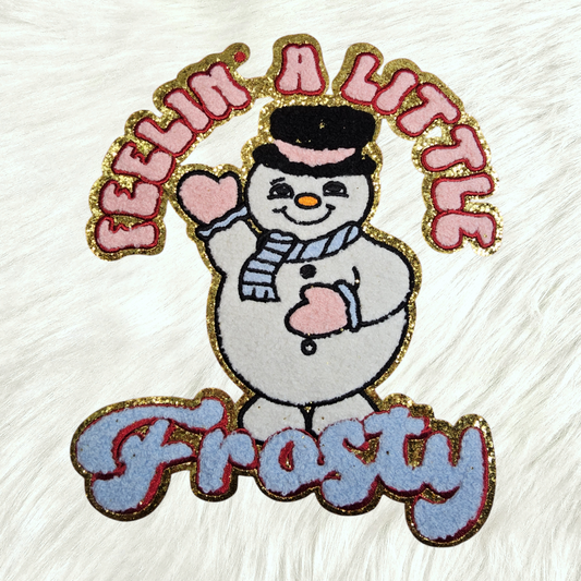 Feelin' A Little Frosty Snowman on Gold Glitter Chenille Iron-on Patch