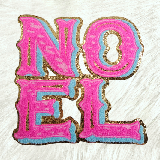 NOEL in Hot Pink and Teal with Gold Glitter Chenille Iron-on Patch