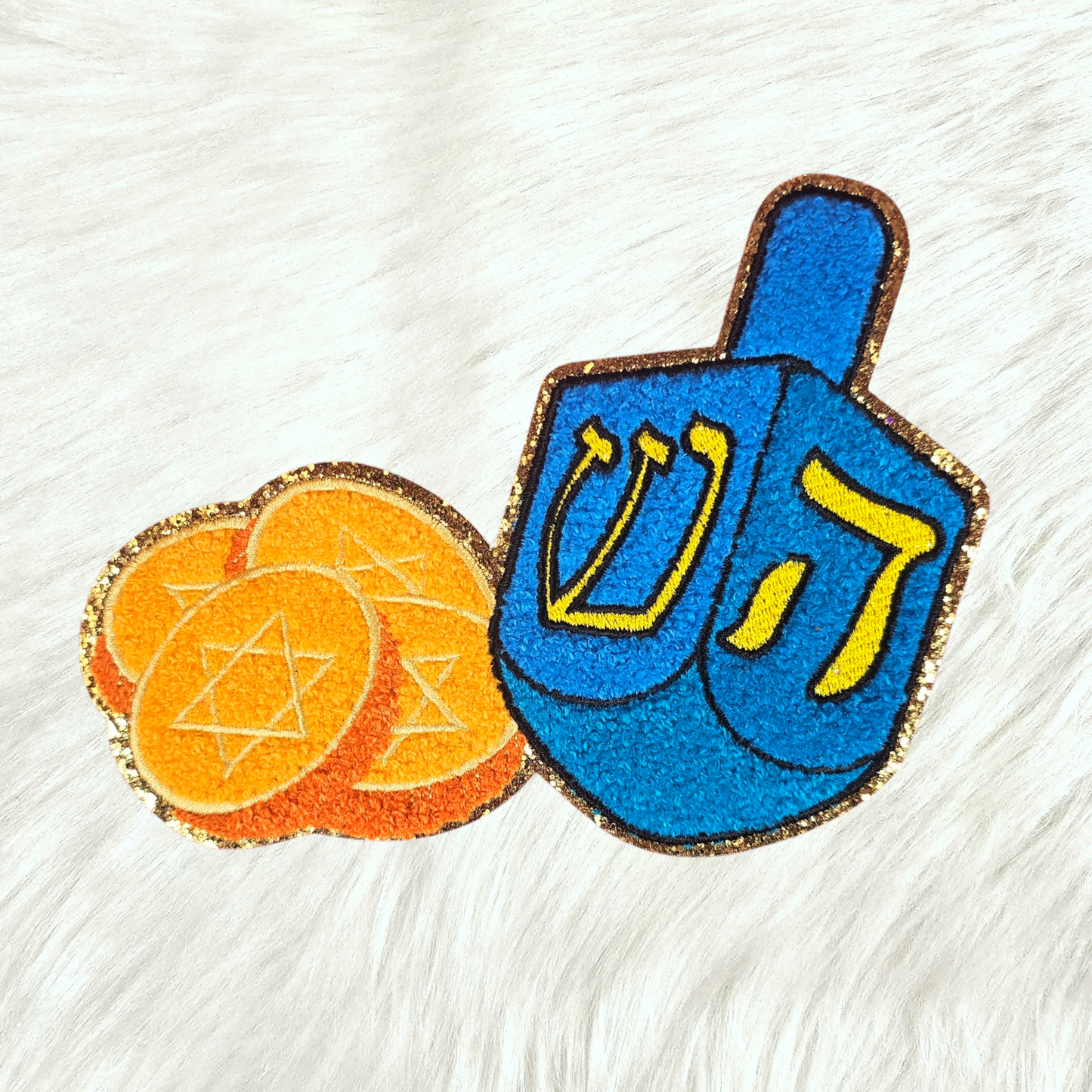 Jewish Coins Dreidel Hanukkah Chenille Glitter Iron-on Patch