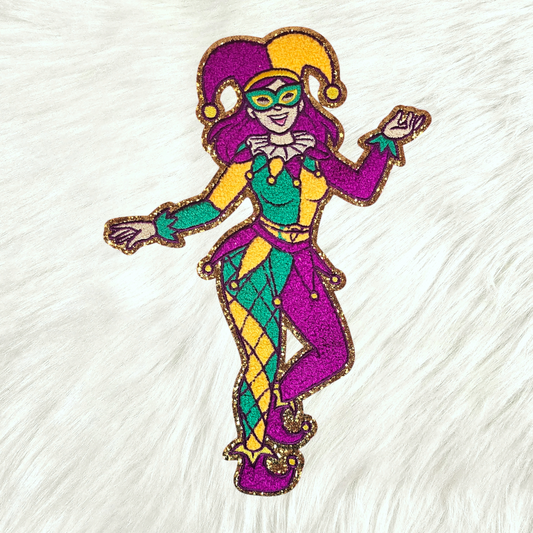 Dancing Mardi Gras Joker Chenille Glitter Large Iron On Patch