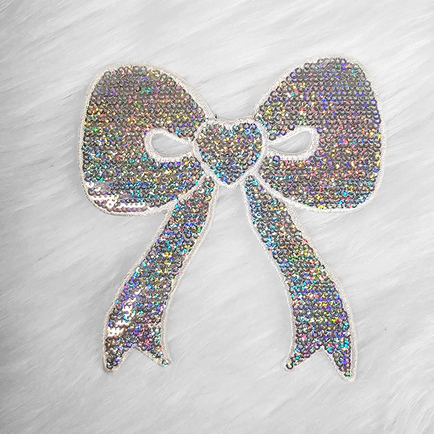 Side Bow Holographic Silver Sequin Iron On Patch