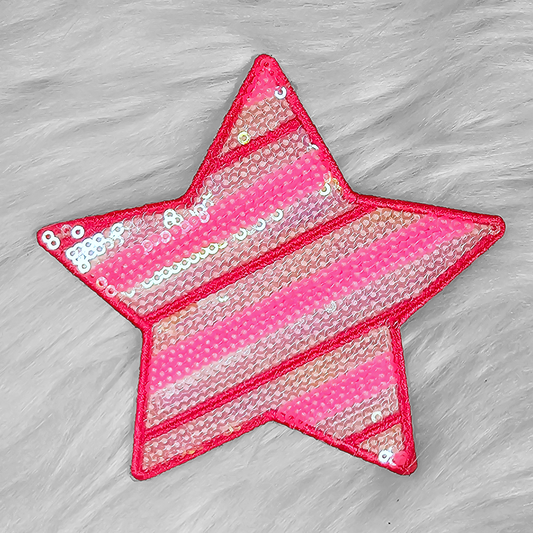 4"  Neon Pink Stripe Sequin Star Iron On Patch