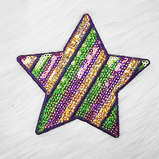 4"  Mardi Gras Purple Green and Holographic Gold Sequin Star Iron On Patch