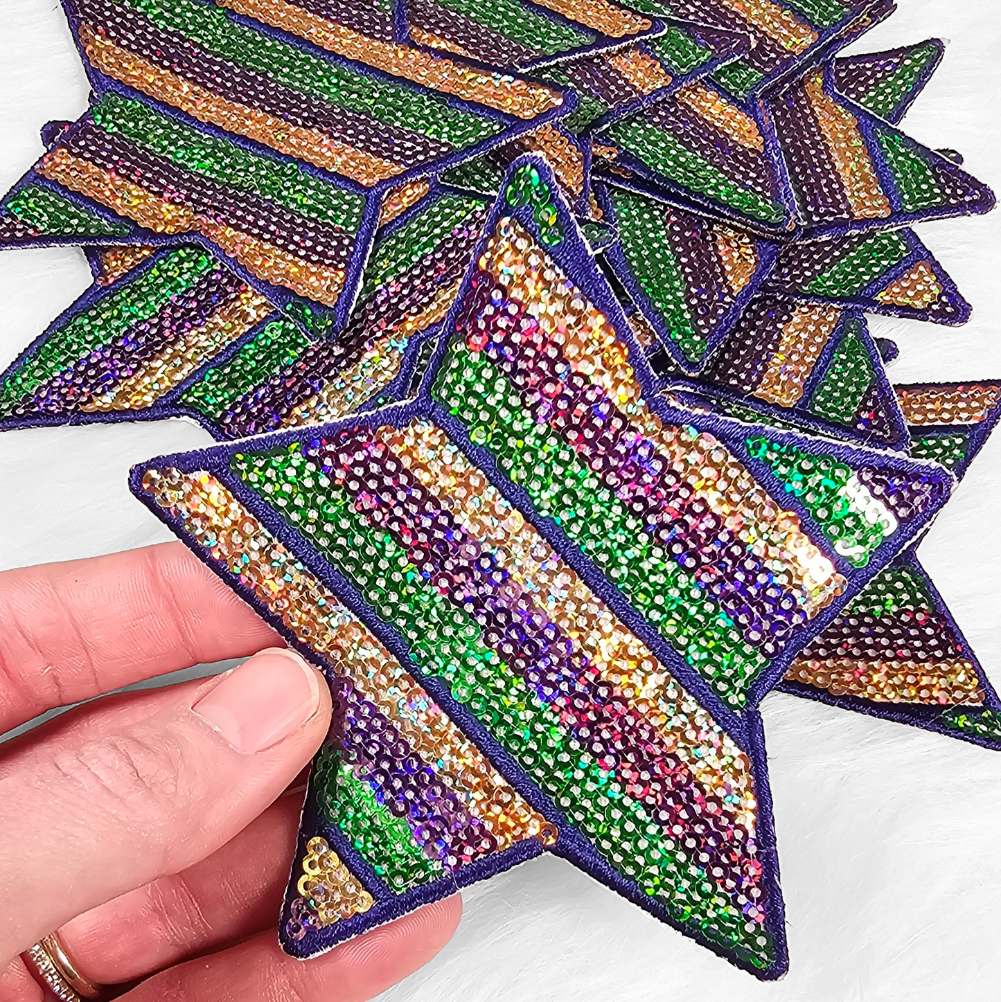 4"  Mardi Gras Purple Green and Holographic Gold Sequin Star Iron On Patch