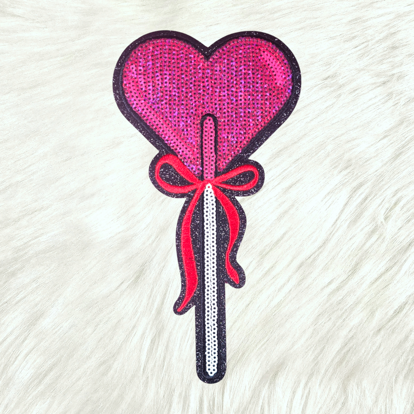 Heart Sucker Valentines Bow Sequin Iron On Patch