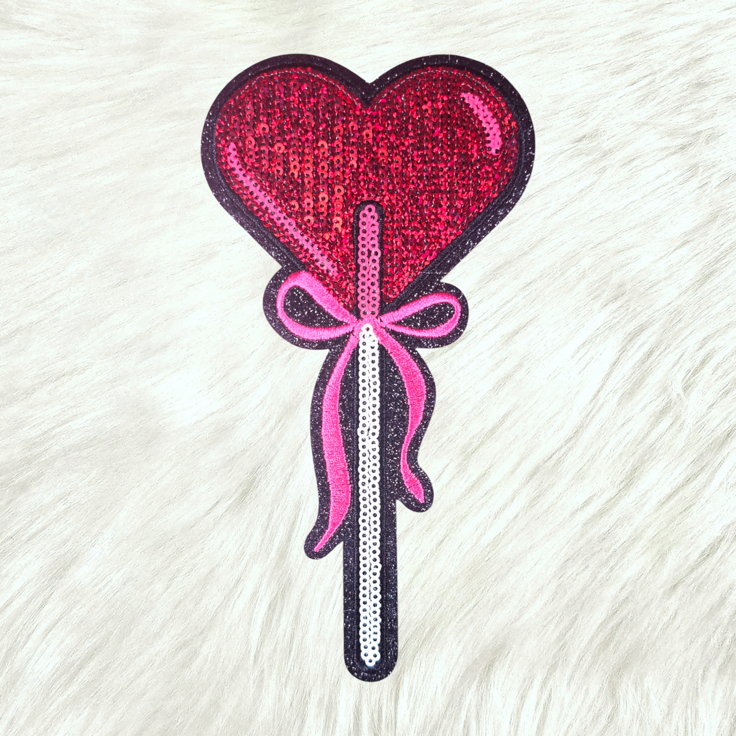 Heart Sucker Valentines Bow Sequin Iron On Patch