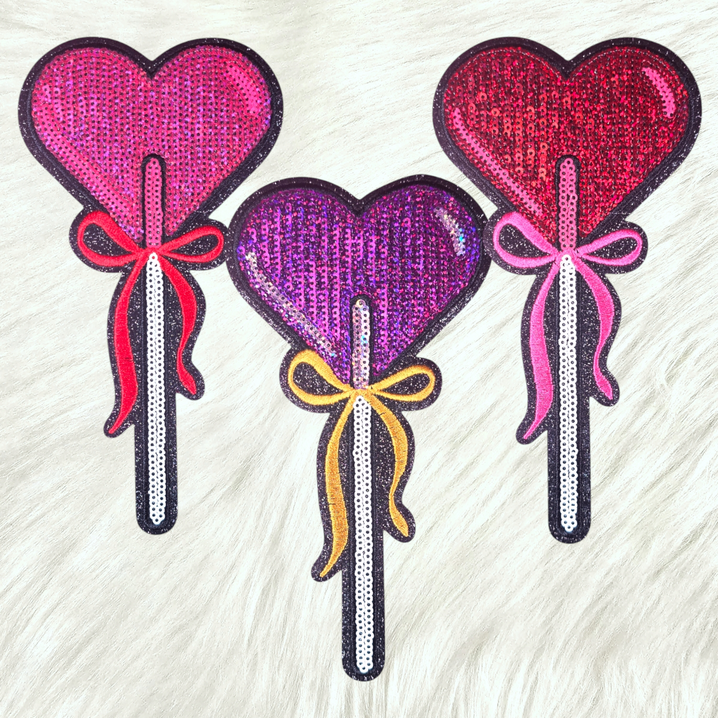 Heart Sucker Valentines Bow Sequin Iron On Patch