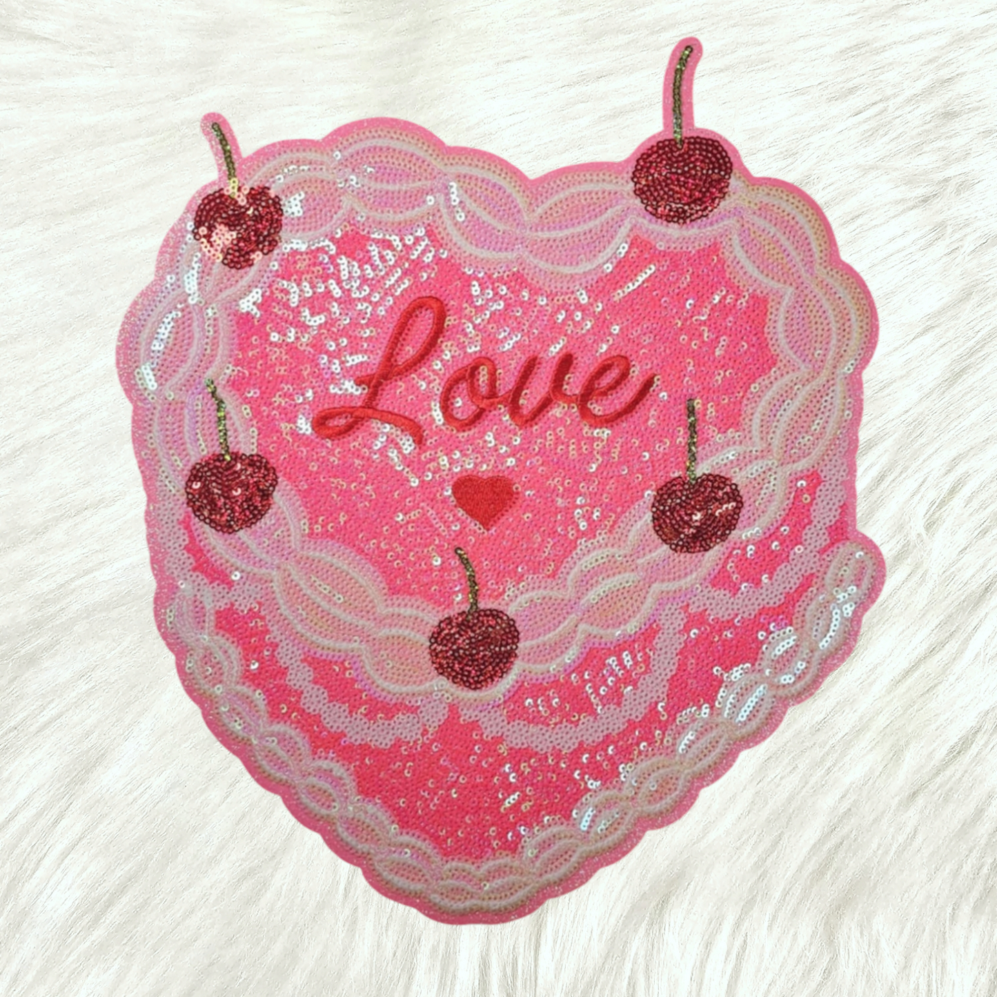 Love Valentines Cake Sequin Cherry Pink Glitter Large Iron On Patch