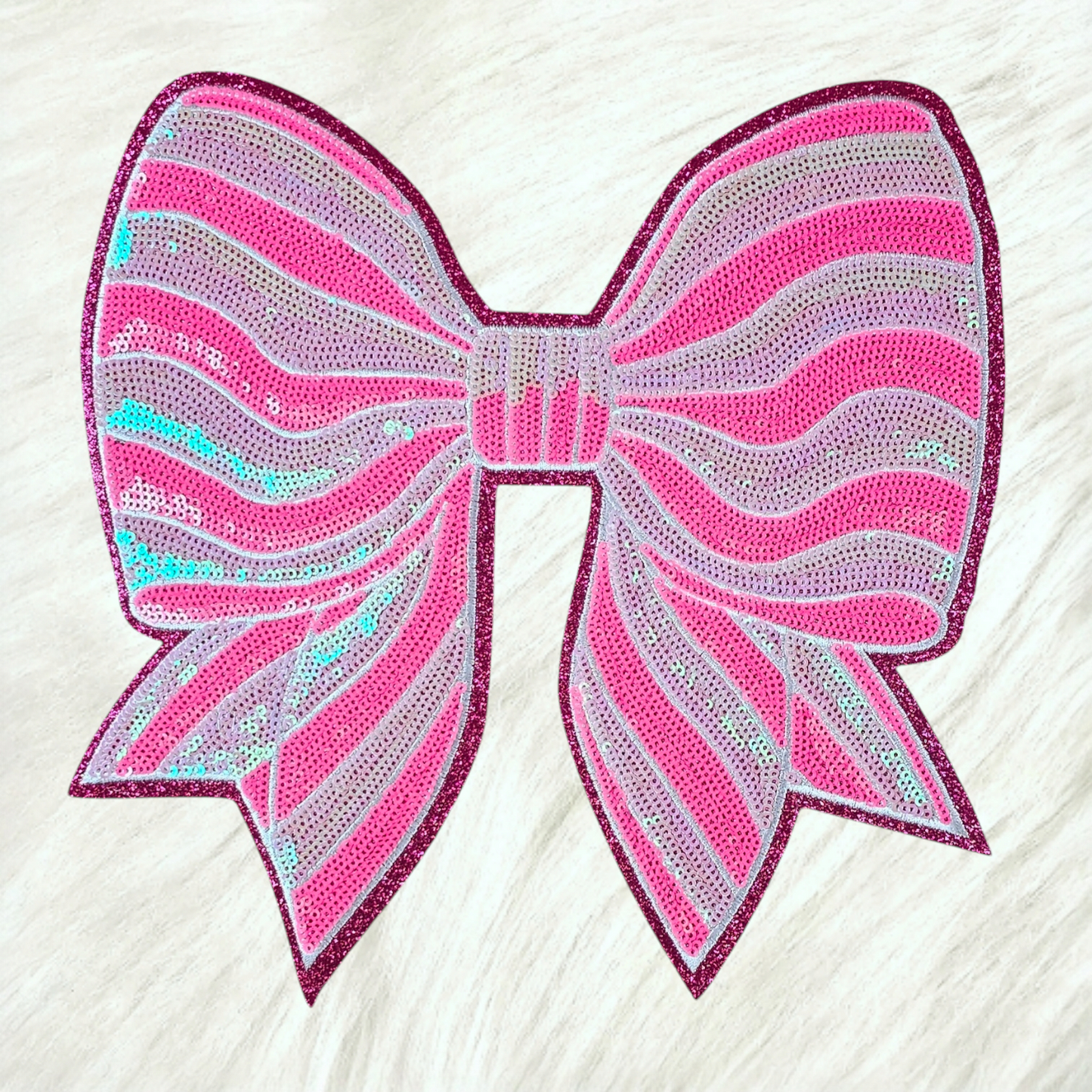 Valentine Candy Stripe Bow Pink Sequin Glitter Large Iron On Patch