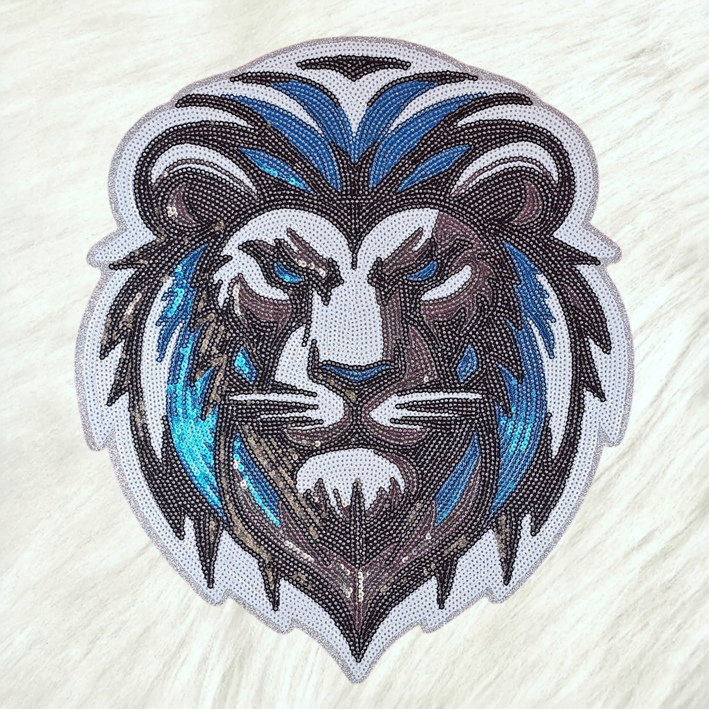 Lion Head Mascot Sequin Silver Glitter Large Iron On Patch