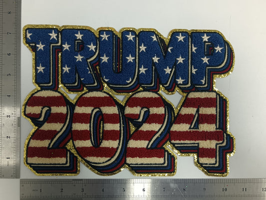 Trump 2024 American Flag on Gold Glitter Chenille Iron-on Patch