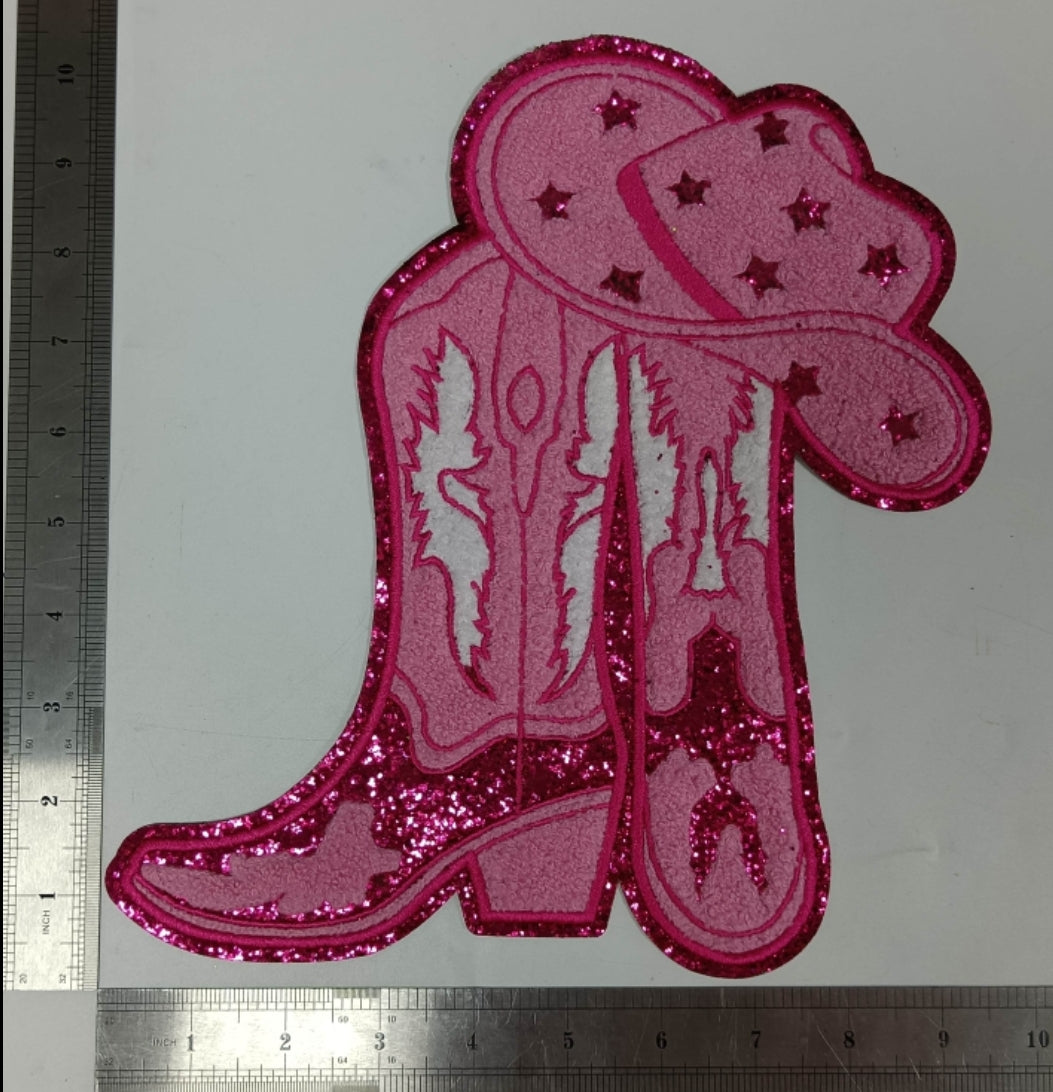 Pink Cowgirl Boots on Pink Glitter Large Chenille Iron-on Patch