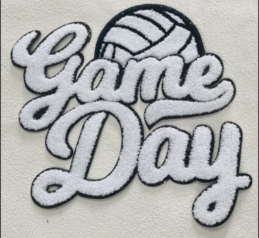 White Game Day Volleyball Chenille Iron-on Black Glitter Patch